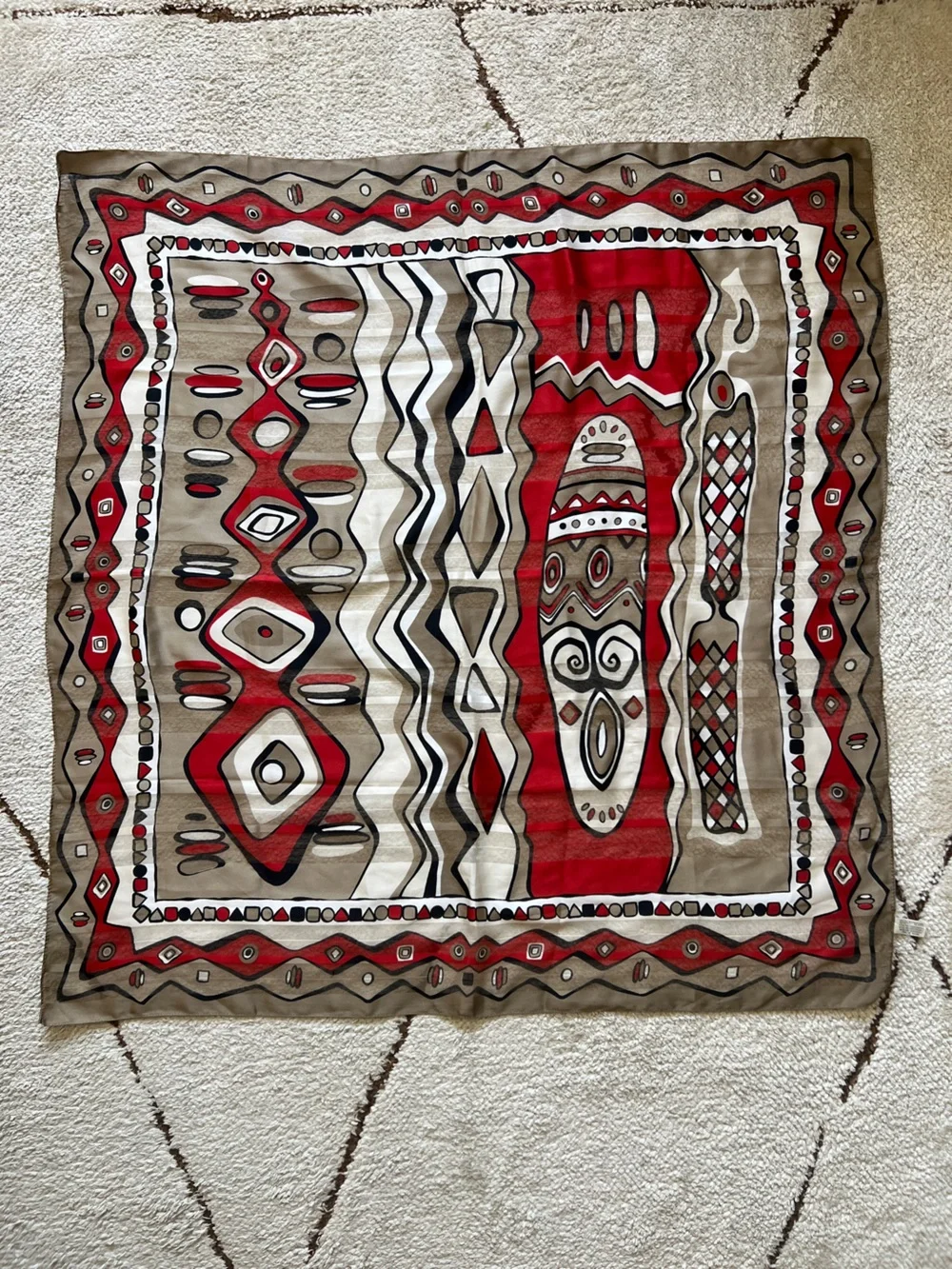 VTG Made in Italy Geometric Tribal Graphic Scarf Abstract Sheer Red Taupe 33